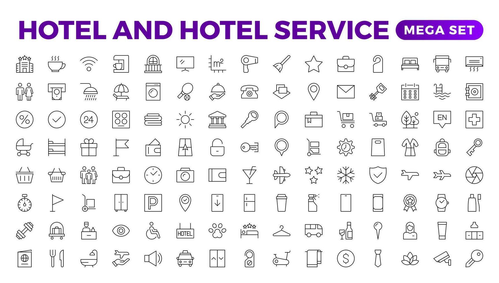 Hotel icons set. Rental property icons. Set of apartment reservation, hotel booking, five-star hotel, service line web icon. Hotel universal set with Building, Parking, Meal, Air conditioner. vector