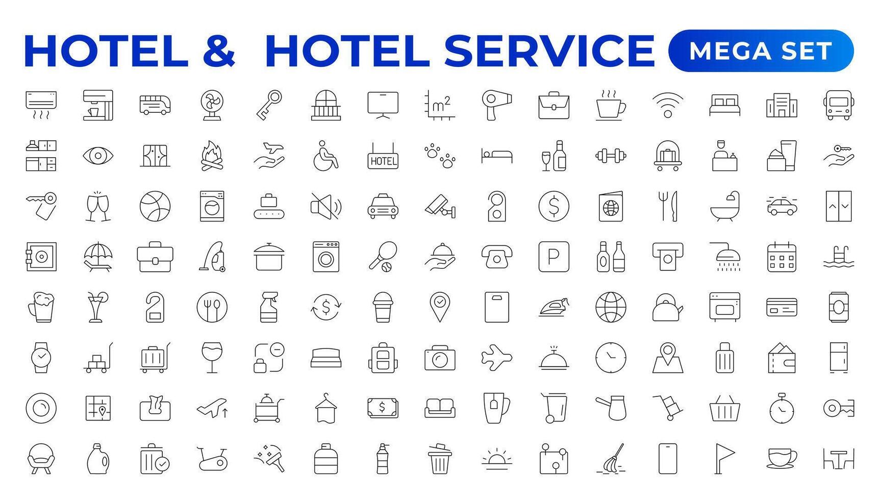 Hotel icons set. Rental property icons. Set of apartment reservation, hotel booking, five-star hotel, service line web icon. Hotel universal set with Building, Parking, Meal, Air conditioner. vector