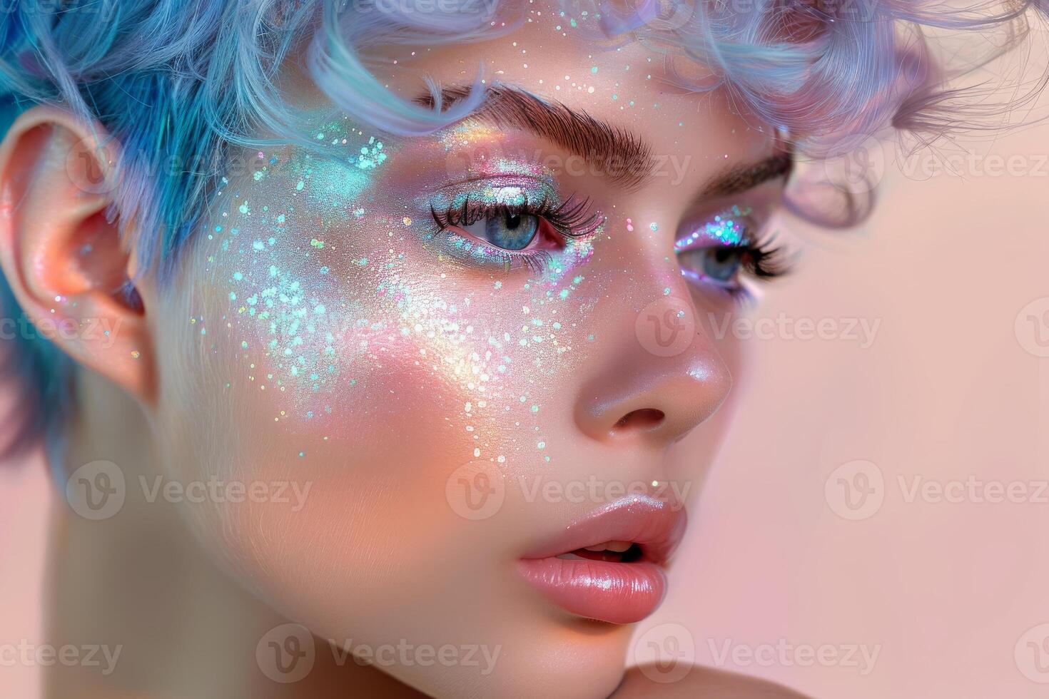 Glamorous pastel sparkle makeup on a stunning woman with short hair at twilight photo