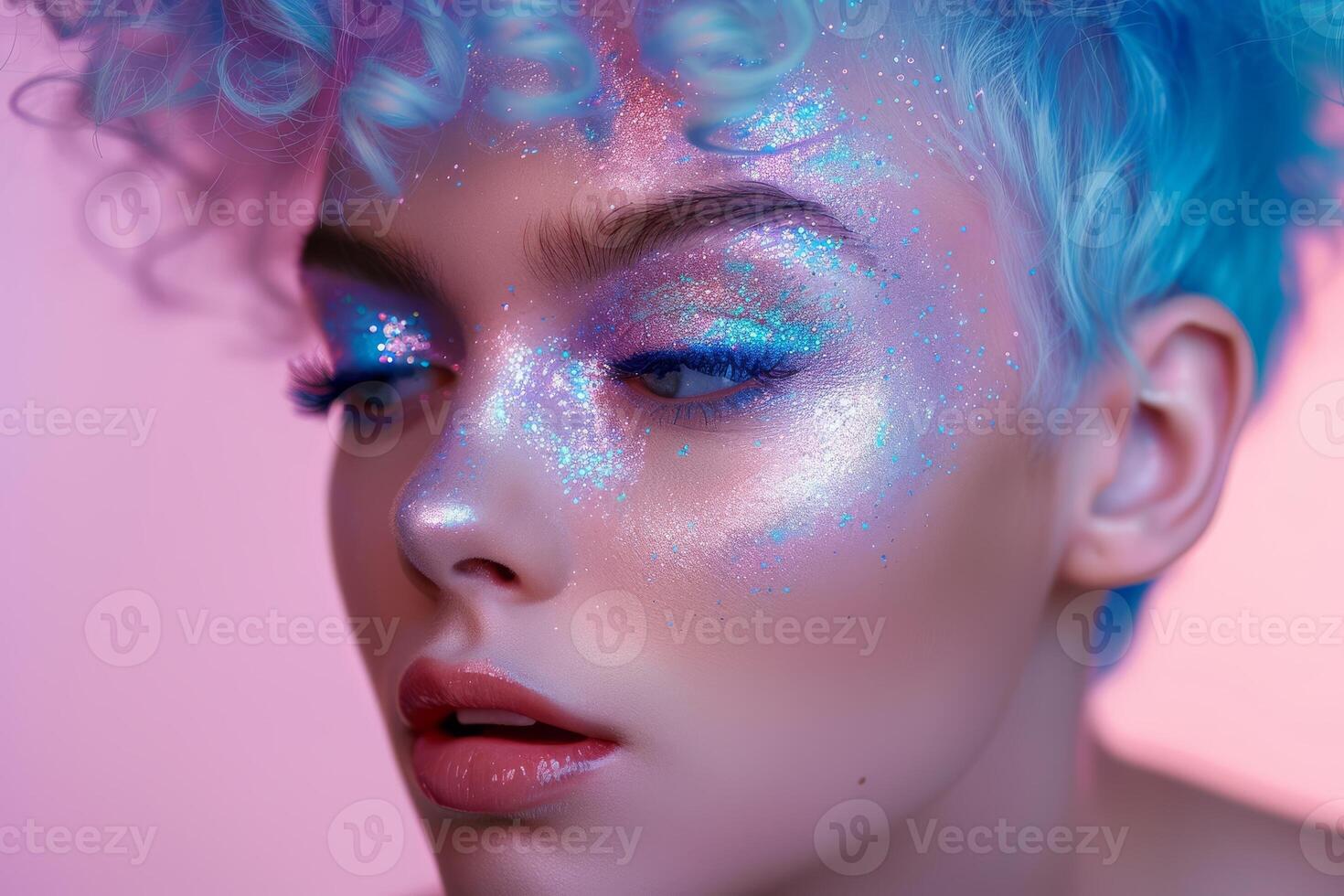 Glamorous pastel sparkle makeup on a stunning woman with short hair at twilight photo