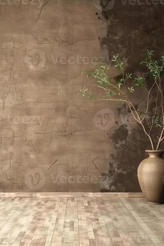 Serene interior elegance a vase with branches against a rustic stucco wall photo
