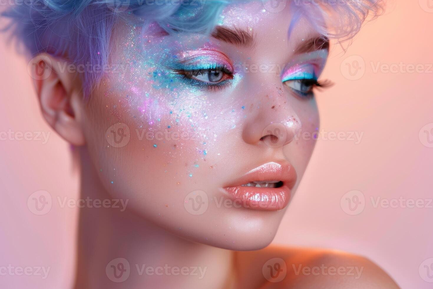 Glamorous pastel sparkle makeup on a stunning woman with short hair at twilight photo