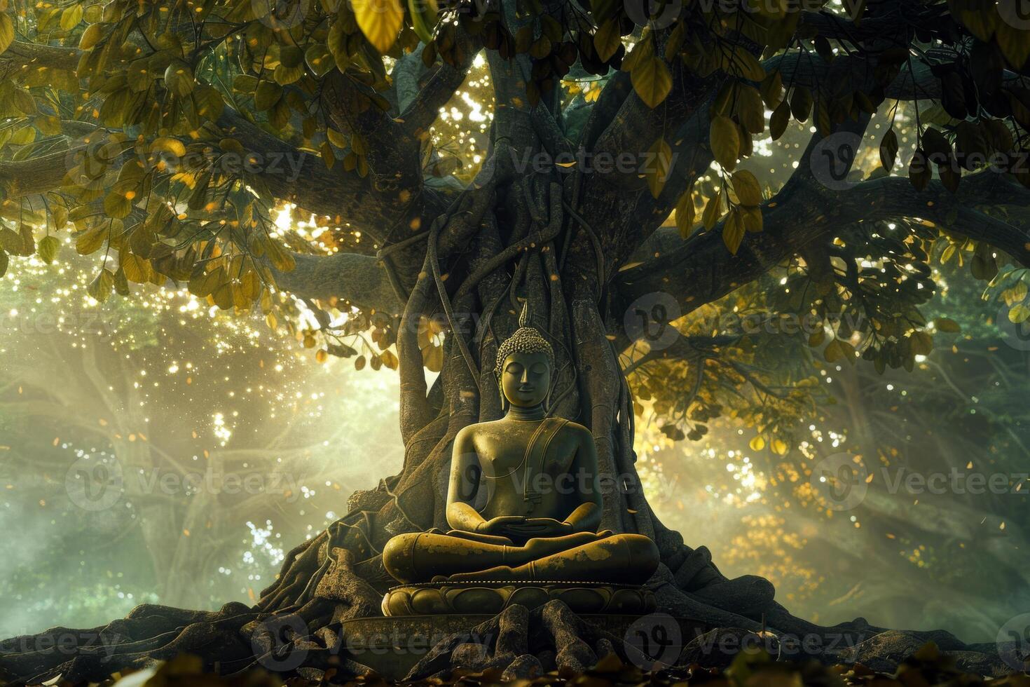 Statue of meditating Buddha under the Bodhi tree, traditional buddhism style, green and golden hues. buddha purnima day. photo