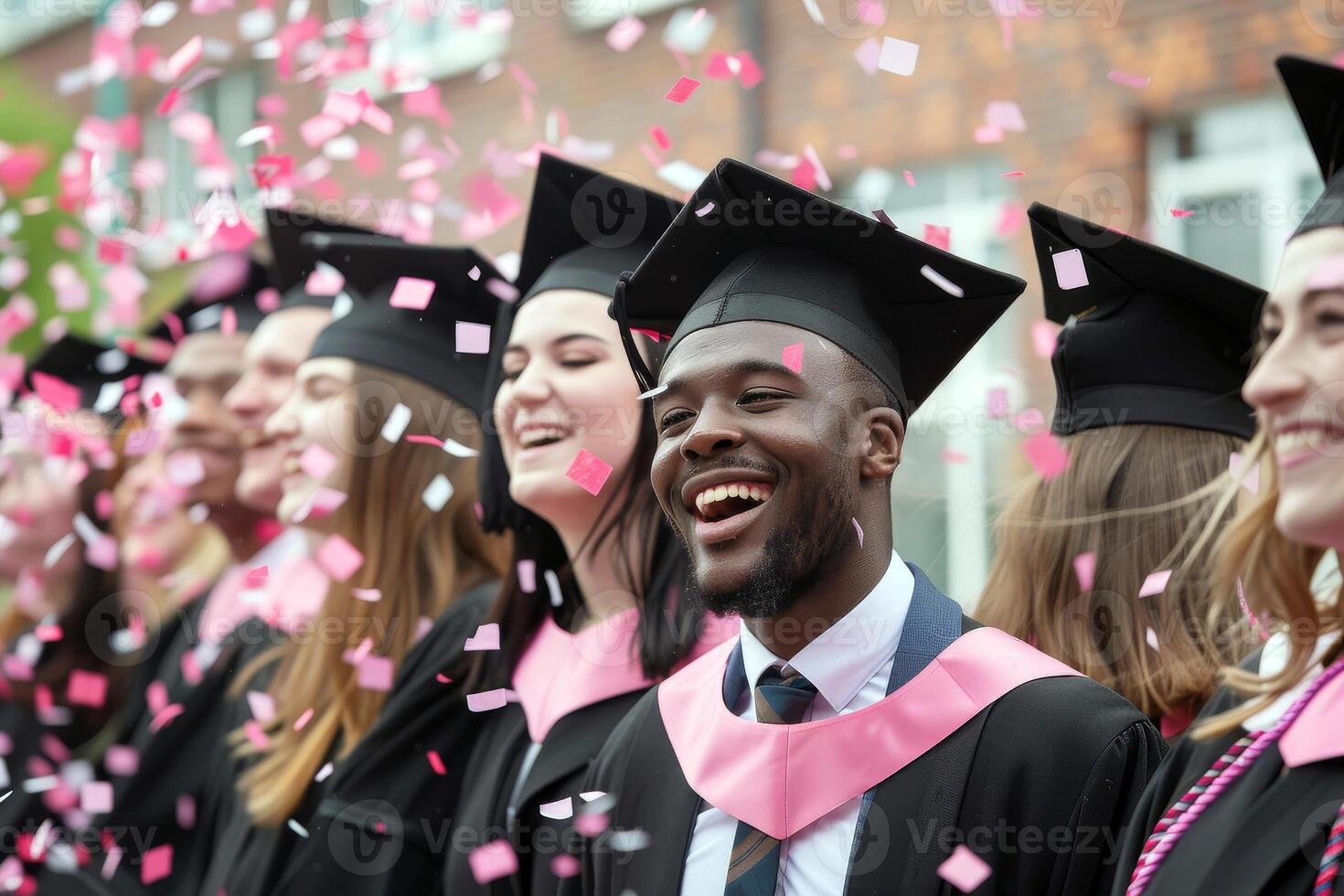 Shot of a group of cheerful university students on graduation day. Graduation ceremony with pink confetti. Different students in graduation dresses and hats photo