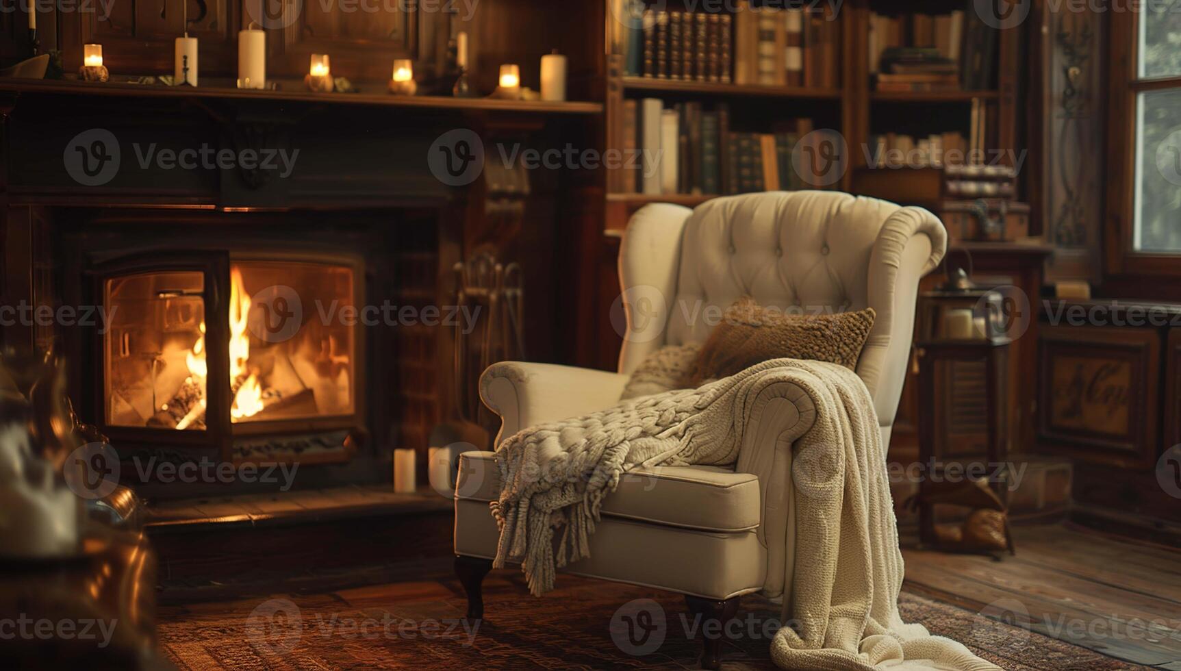 classic wingback chair by a warm fireplace, draped with a cozy throw, creating a perfect winter reading corner with inviting white light photo