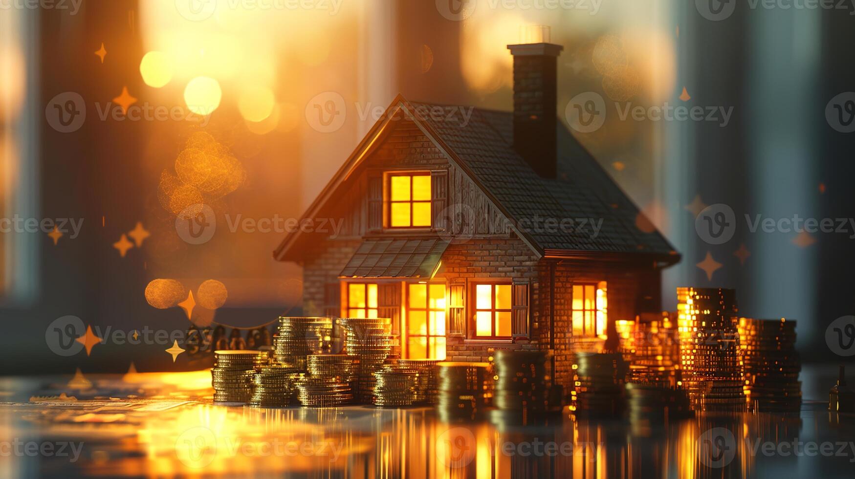 Investing in comfort and stability, Golden light on a charming home with financial growth symbolized by coin piles photo