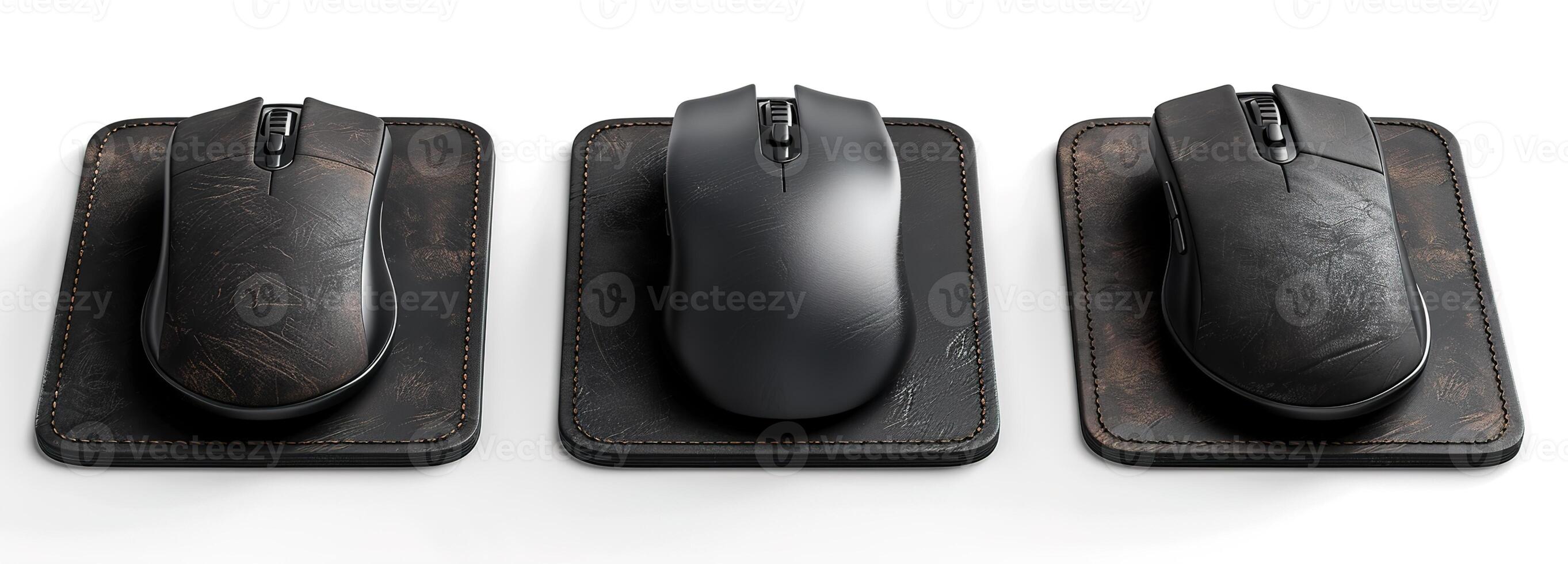 Sleek Black Computer Mouse with Stitched Mockup Pad for Professional Desktop Setup photo