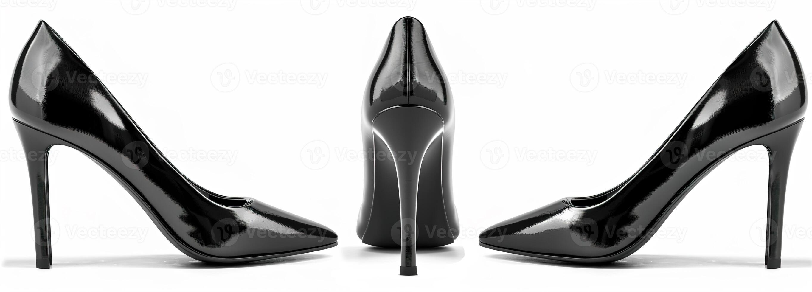 Sleek black high heels with glossy leather finish, perfect for elegant evening wear, presented in front and side views, ready for high-end fashion showcases. photo