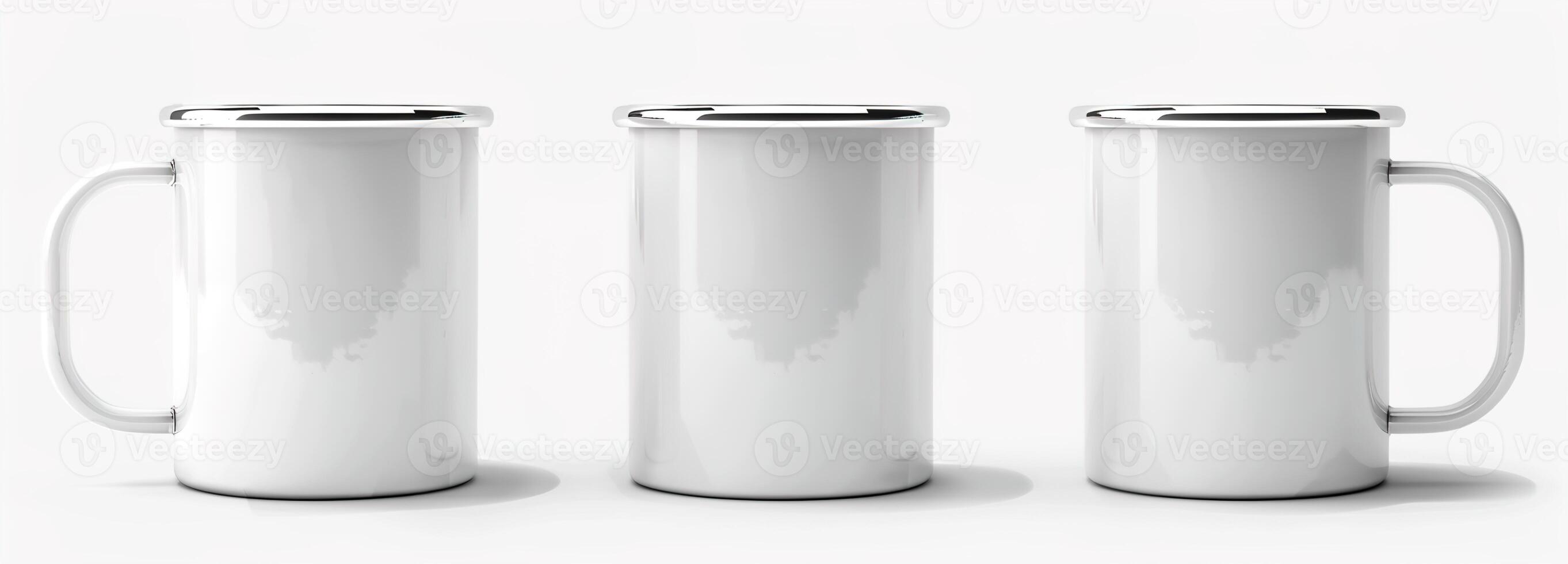 White camping mug template set, Front, side, and back views isolated for branding and design mockups photo
