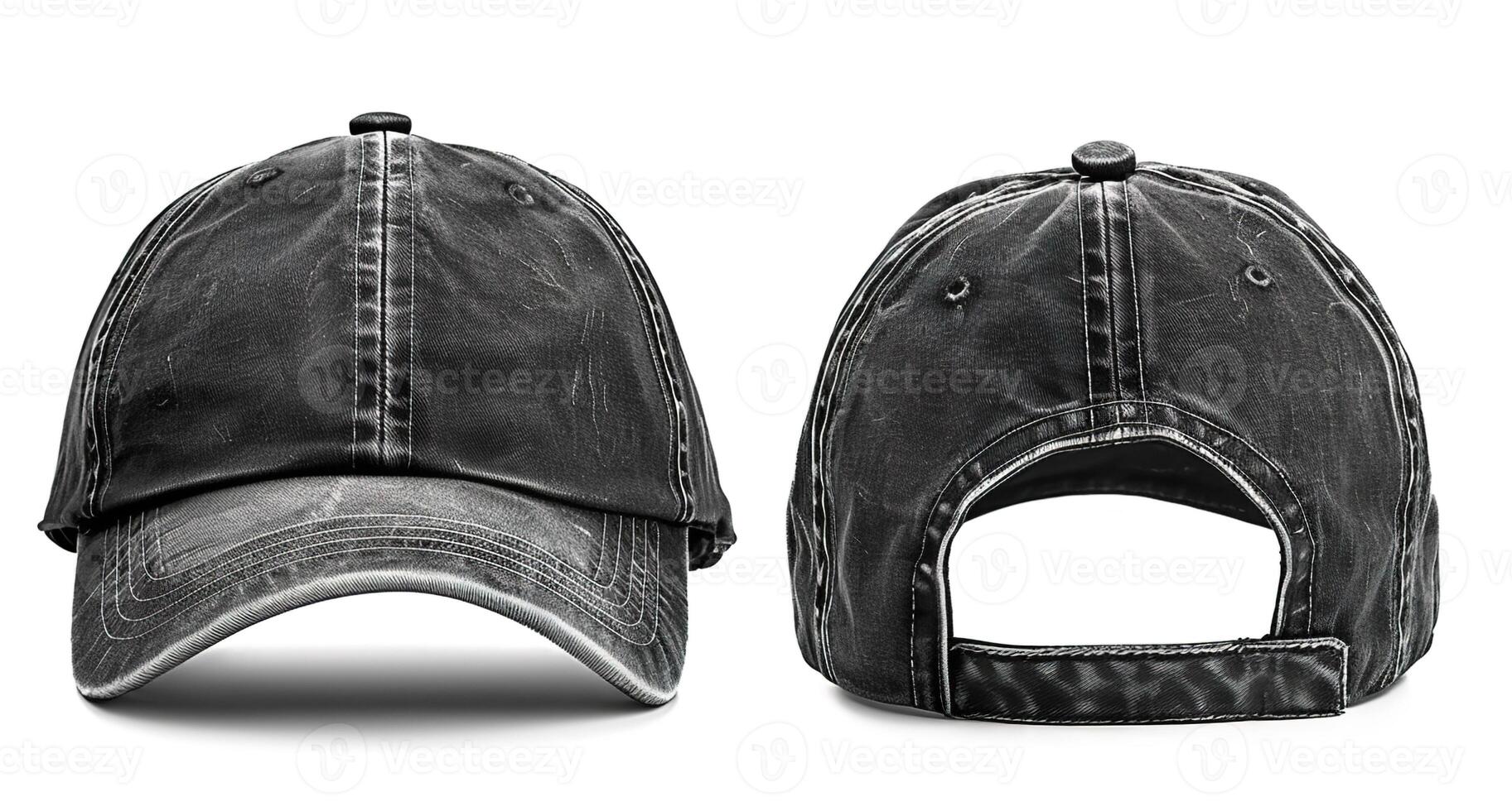 Distressed denim baseball cap mockup isolated on white, showcasing front and back views with detailed textures, perfect for fashion design and streetwear branding photo