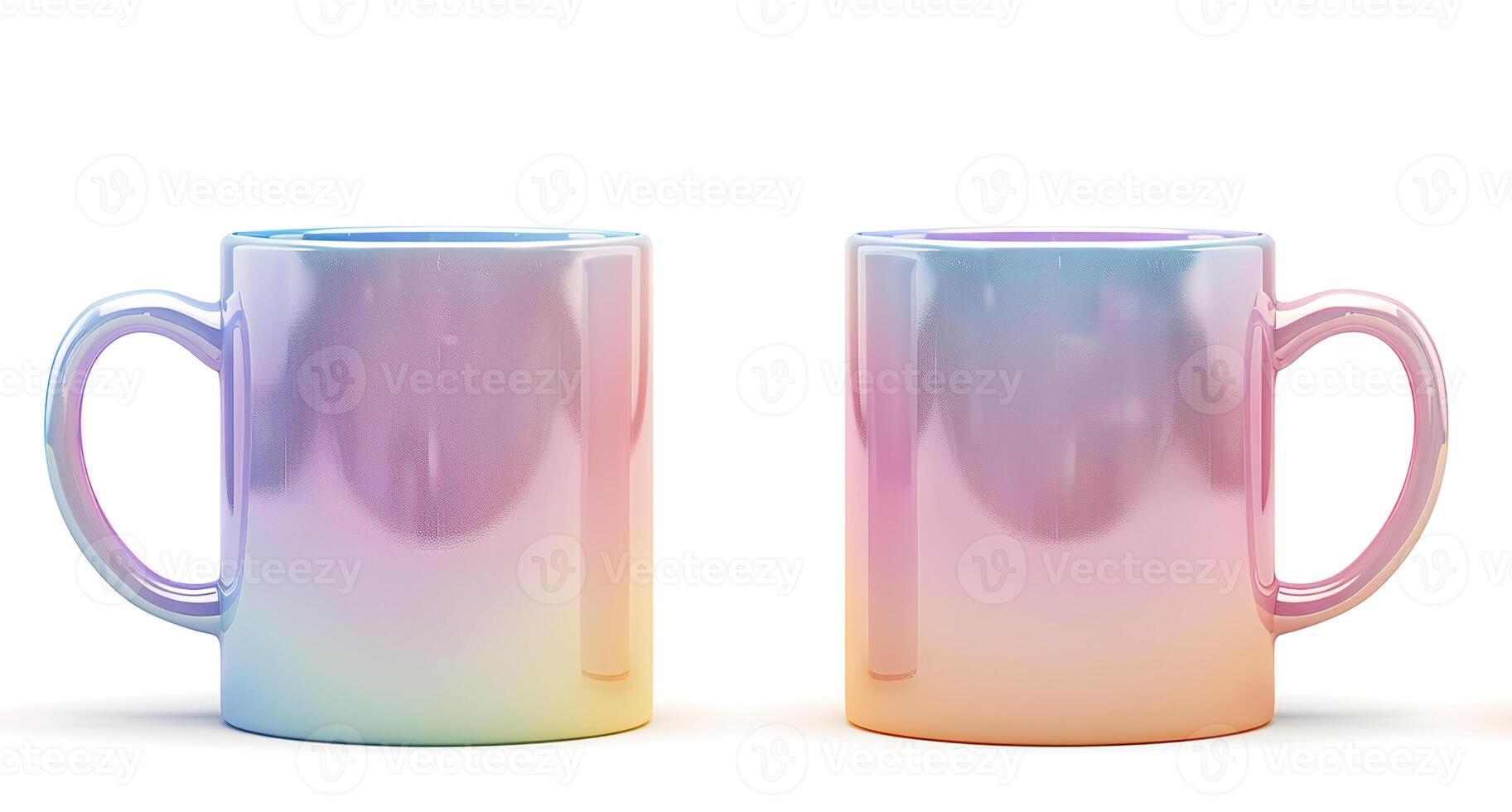 Shimmering iridescent mug mockup in pastel hues, perfect for modern home decor or stylish kitchenware catalogs, showcasing side and front views on a white background photo