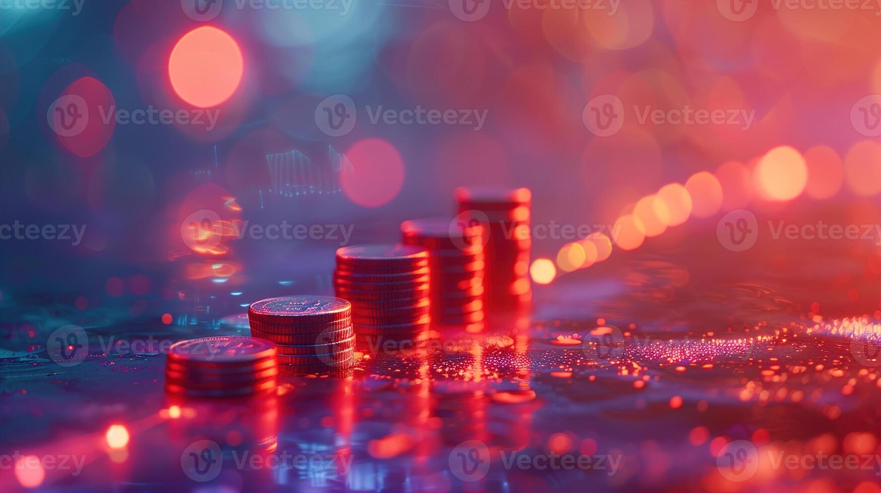 Urban finance concept with stacks of coins illuminated by bokeh city lights, depicting economic growth photo