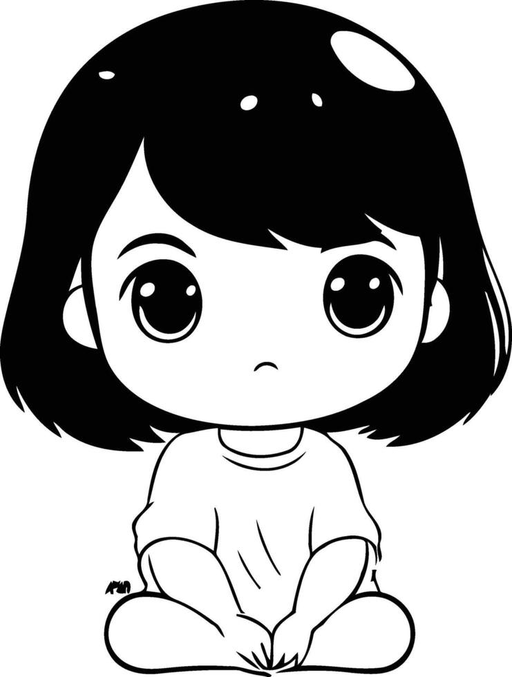 Cute little girl sitting on the floor. cartoon illustration. vector
