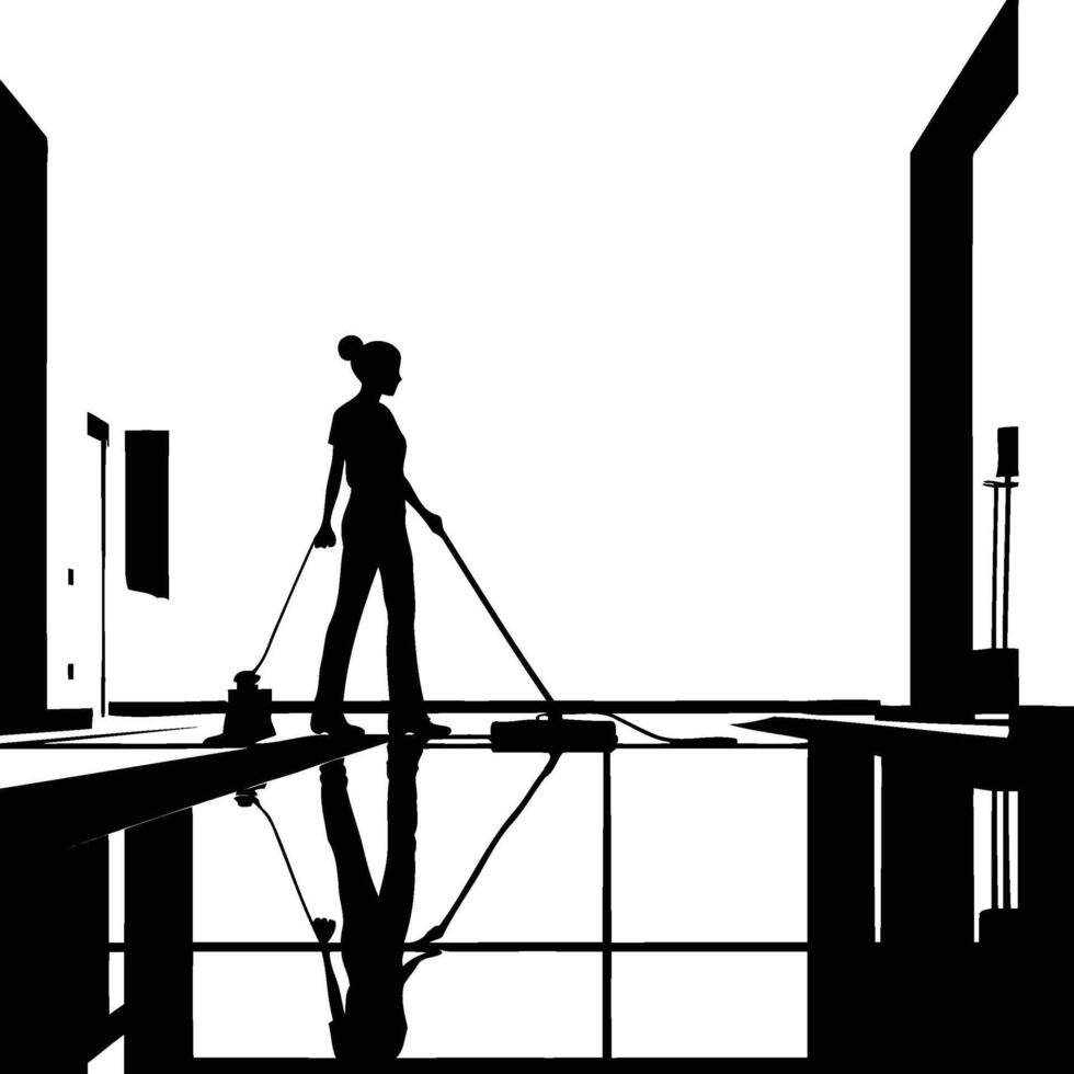 Silhouette of a woman cleaning the balcony. vector