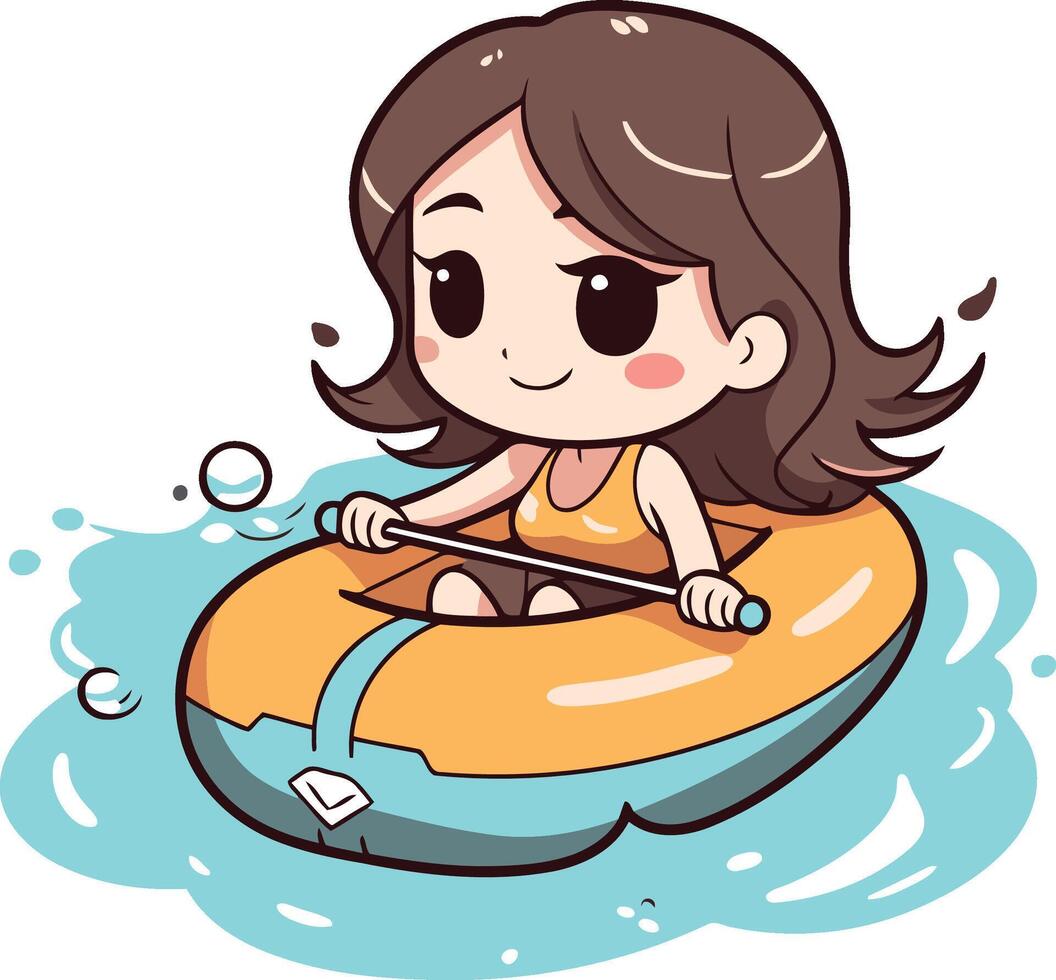 Cute little girl riding on an inflatable boat. vector