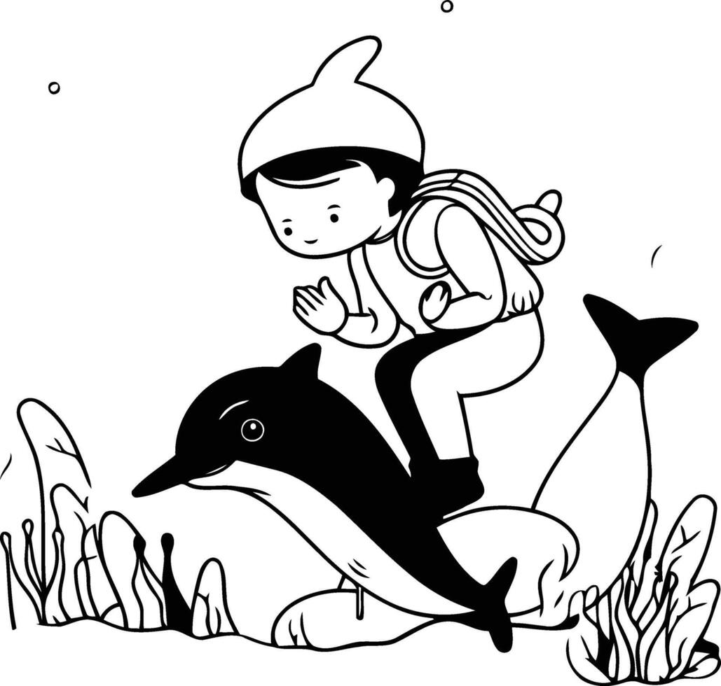 illustration of a little boy riding a dolphin on the seashore vector