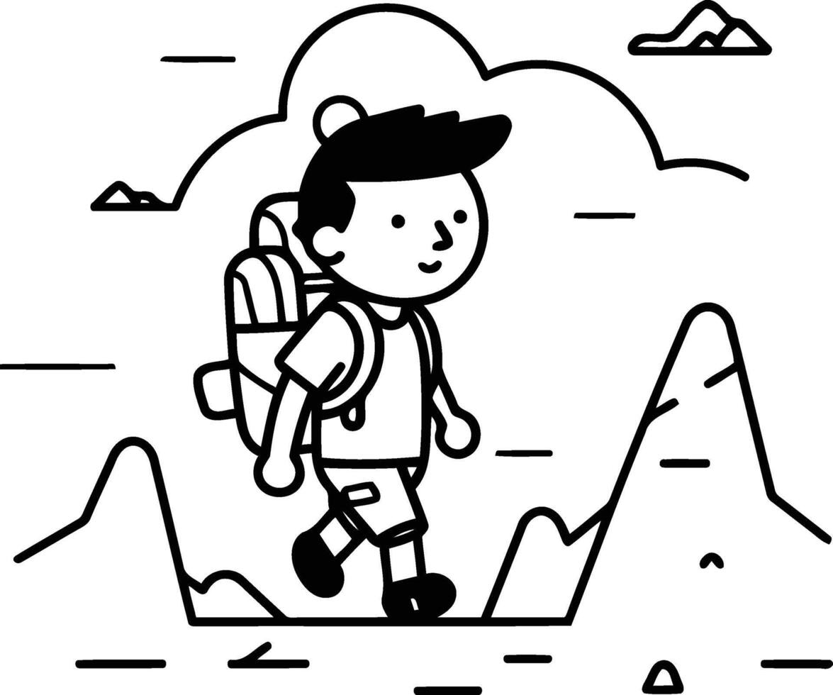 cute boy with backpack hiking in mountain illustration eps 10 vector