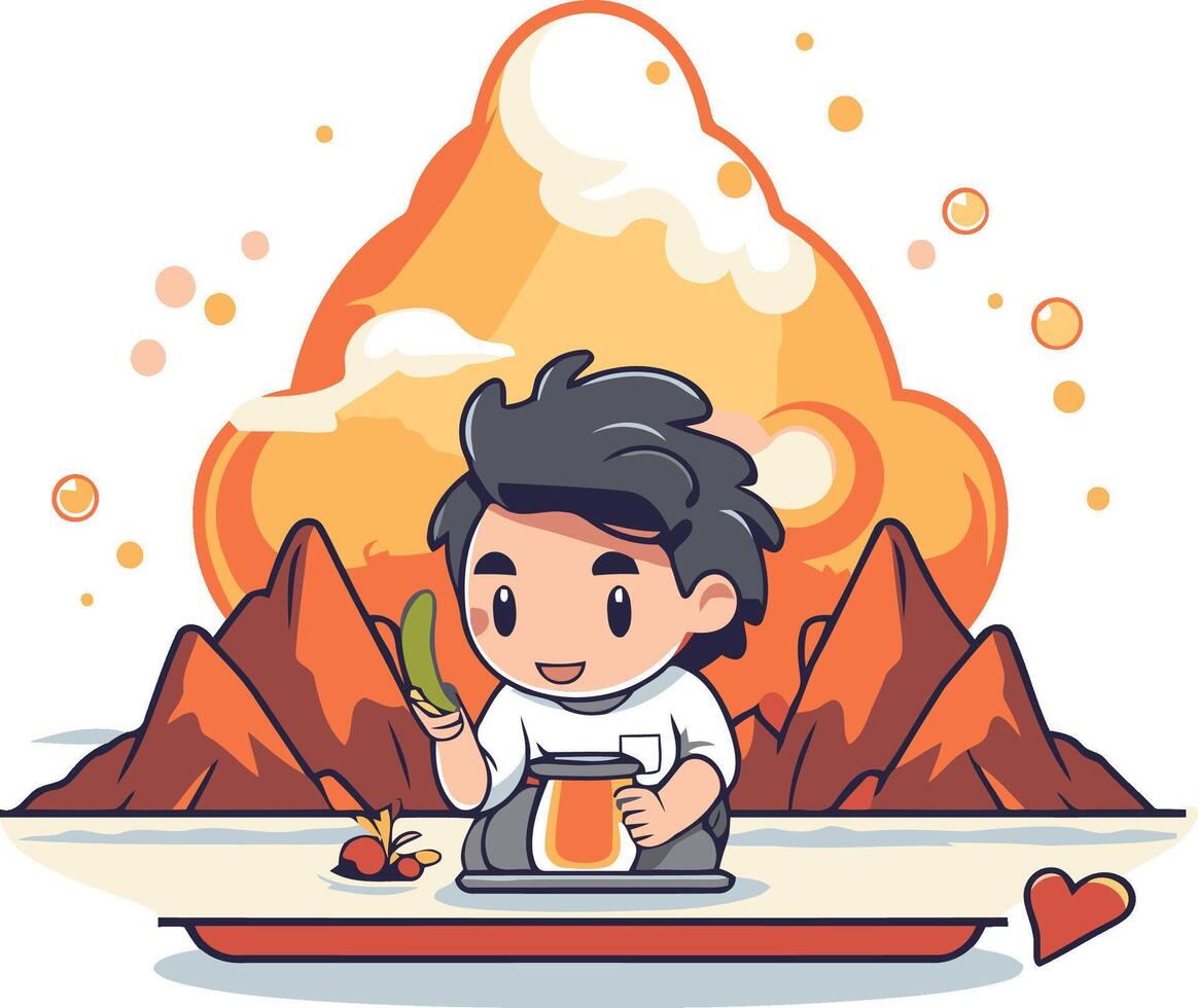 Cute boy with teapot and mountains. vector