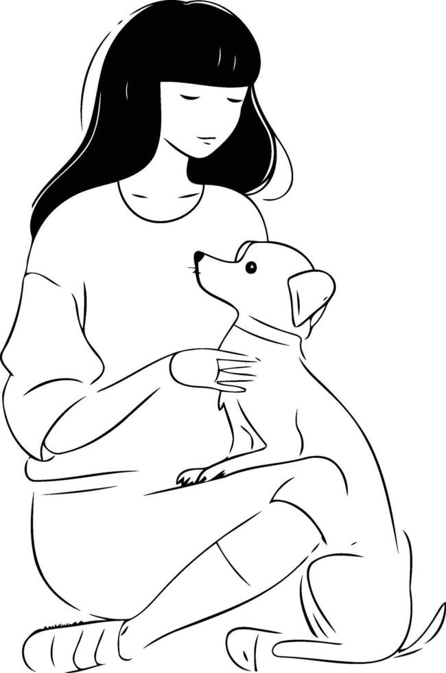 Pregnant woman sitting with her pet dog. vector