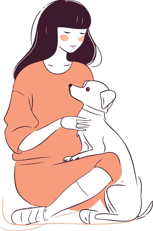 Pregnant woman sitting with her pet dog. vector