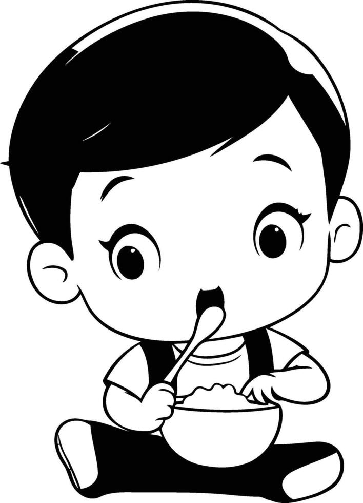 Cute boy eating cereals in a bowl. vector