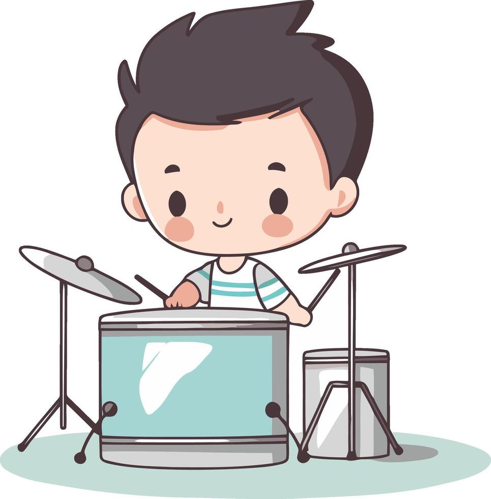 cute boy playing drum set on white background illustration graphic design vector