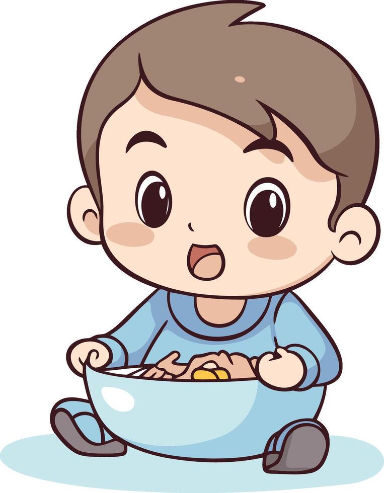 Cute little boy eating cereals in bowl. vector