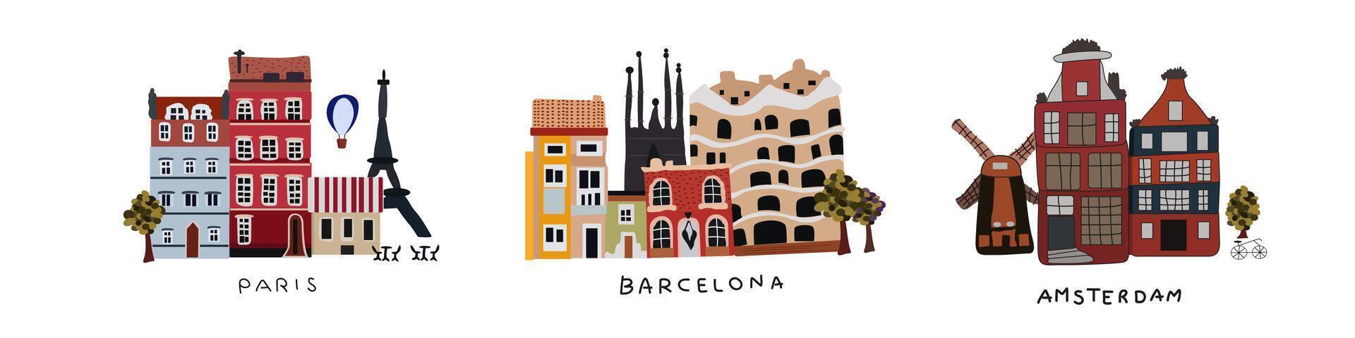Set of beautiful vintage colored buildings of different cities, Paris, Barcelona and Amsterdam, travel illustration, detailed monuments silhouette vector