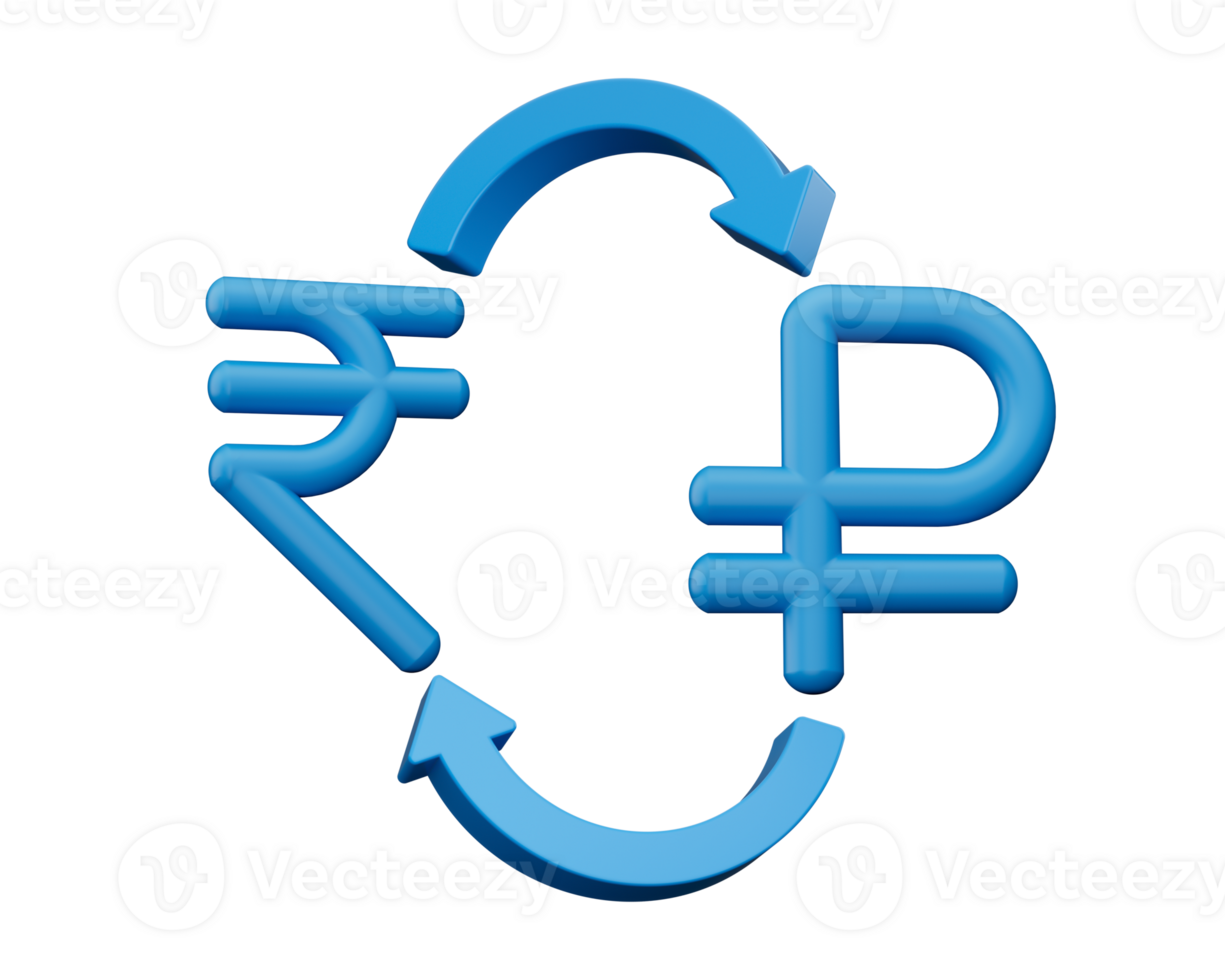 3d Blue Indian Rupee And Ruble Symbol Icons With Money Exchange Arrows, 3d illustration png