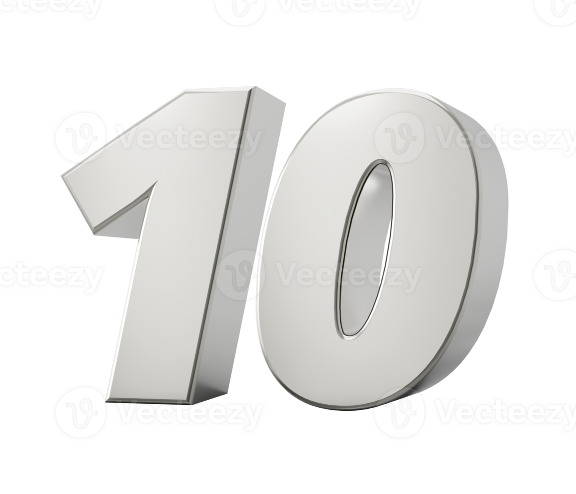 Silver 3d numbers 10 Ten. 3d illustration png