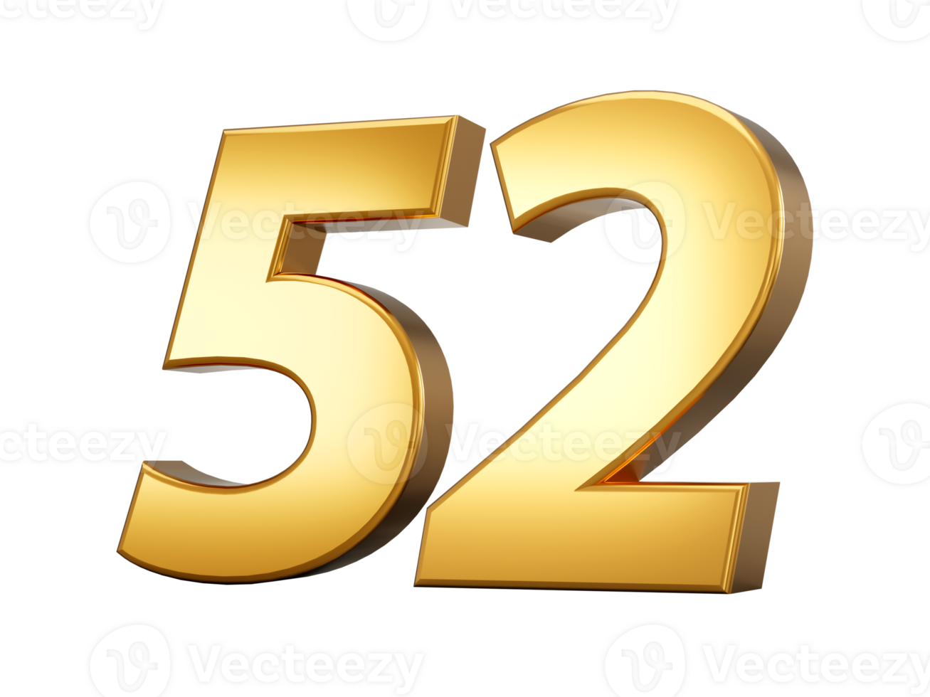 Golden metallic Number 52 Fifty two, 3d illustration png