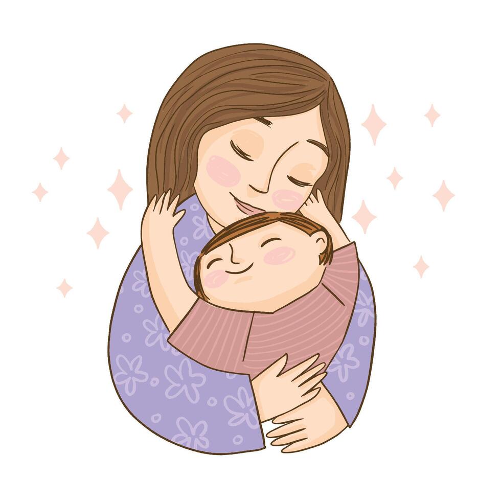 Young mother holds a cute baby in her arms. Happy mothers day. vector