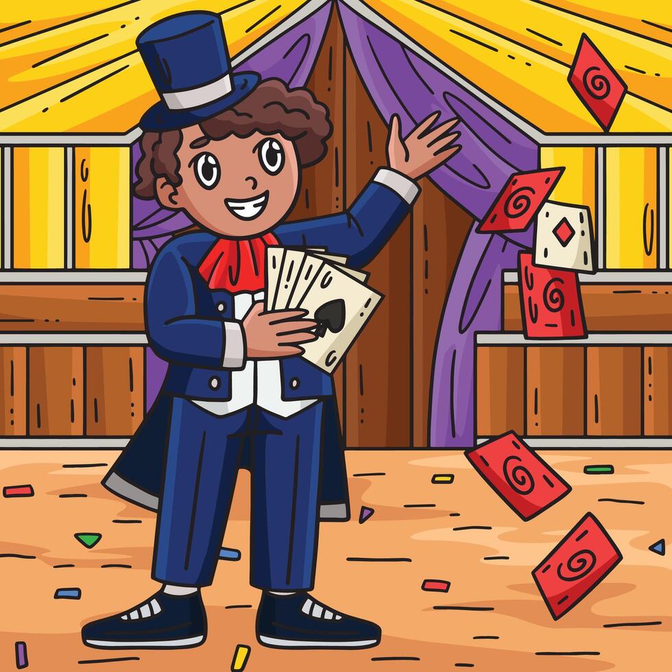 Circus Master Holing Poker Cards Colored Cartoon vector