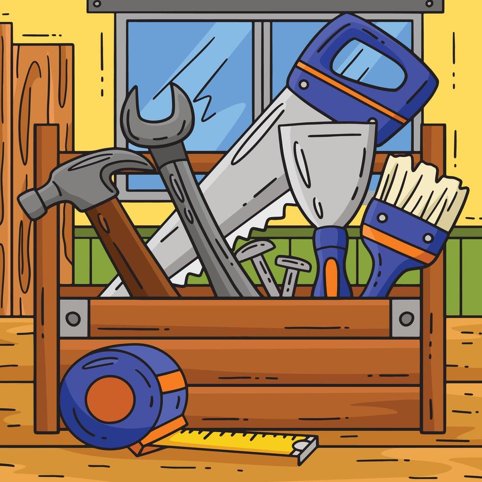Construction Tool Box Colored Cartoon Illustration vector