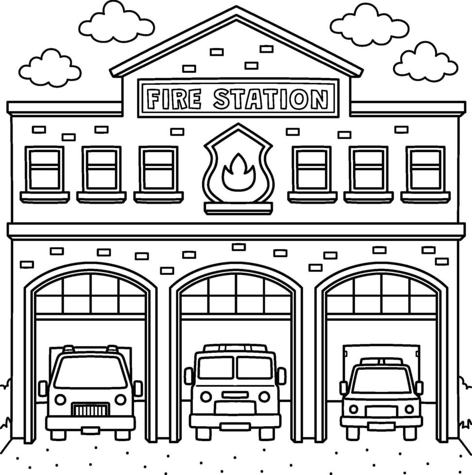 Fire Station Coloring Page for Kids vector