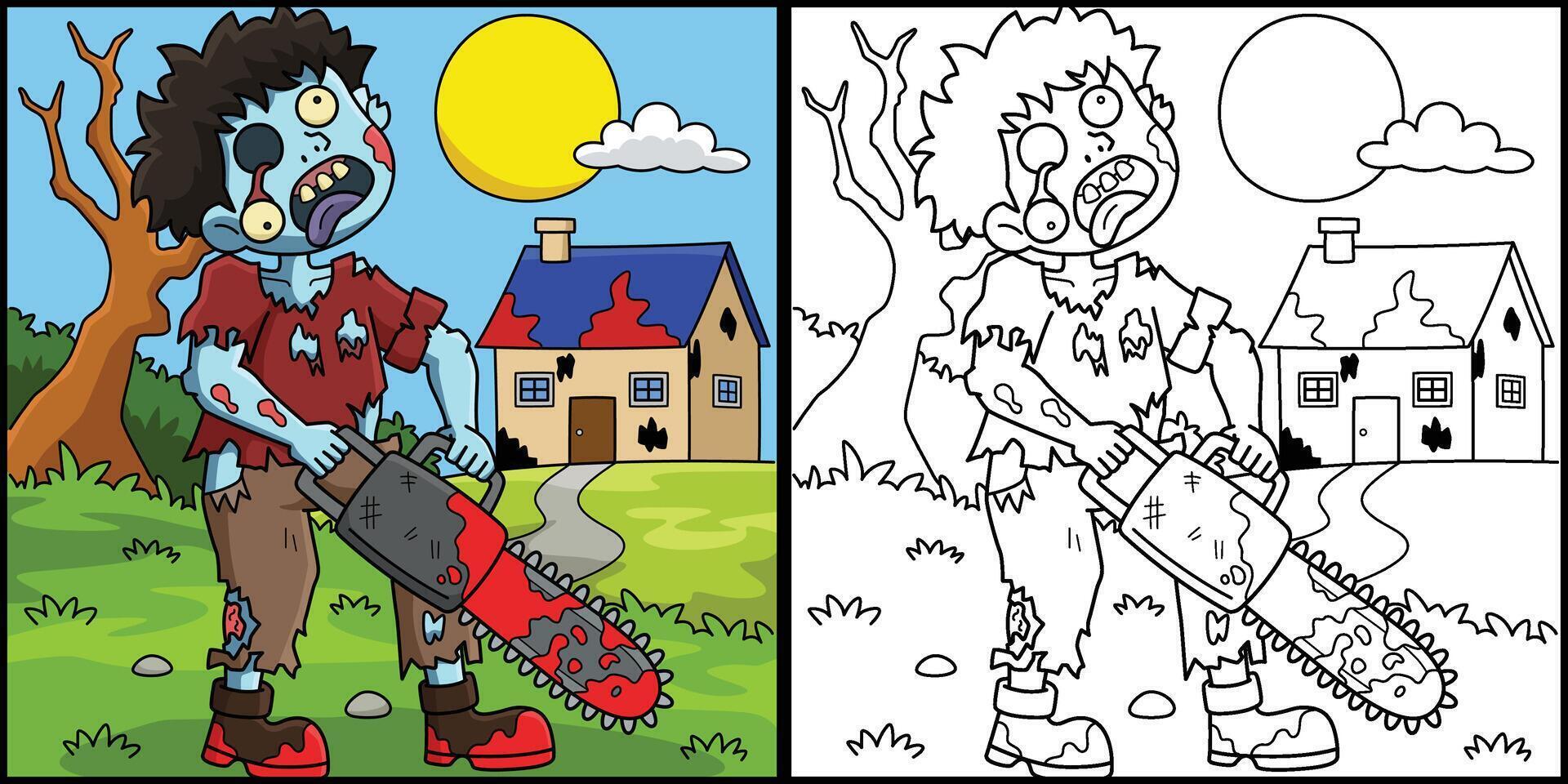 Zombie with Chainsaw Coloring Page Illustration vector