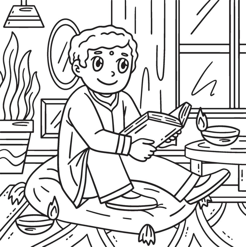 Diwali Boy Reading a Story Coloring Page for Kids vector