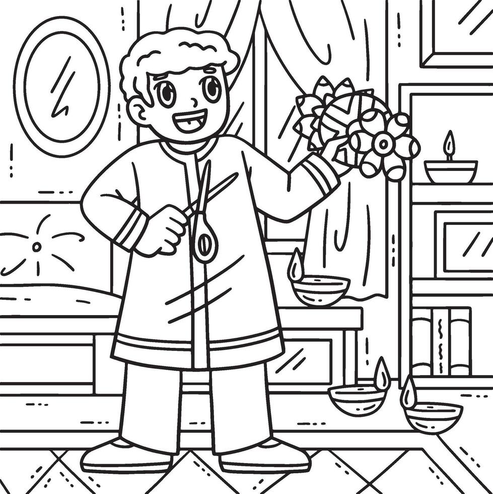 Diwali Child with Rangoli Cut Outs Coloring Page vector