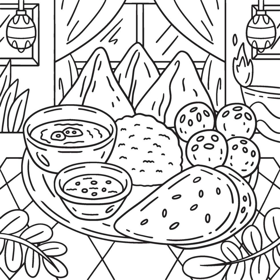 Diwali Food on Thali Plate Coloring Page for Kids vector