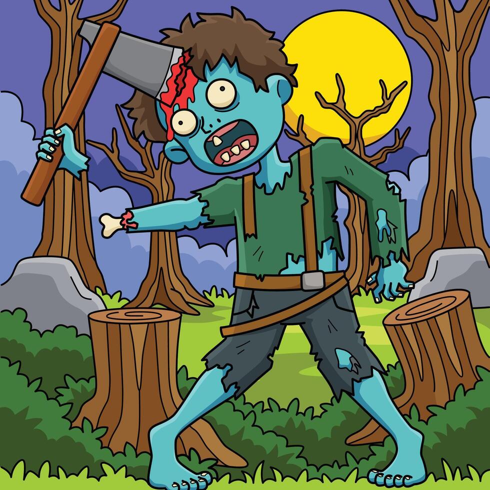 Zombie with an Axe in His Head Colored Cartoon vector