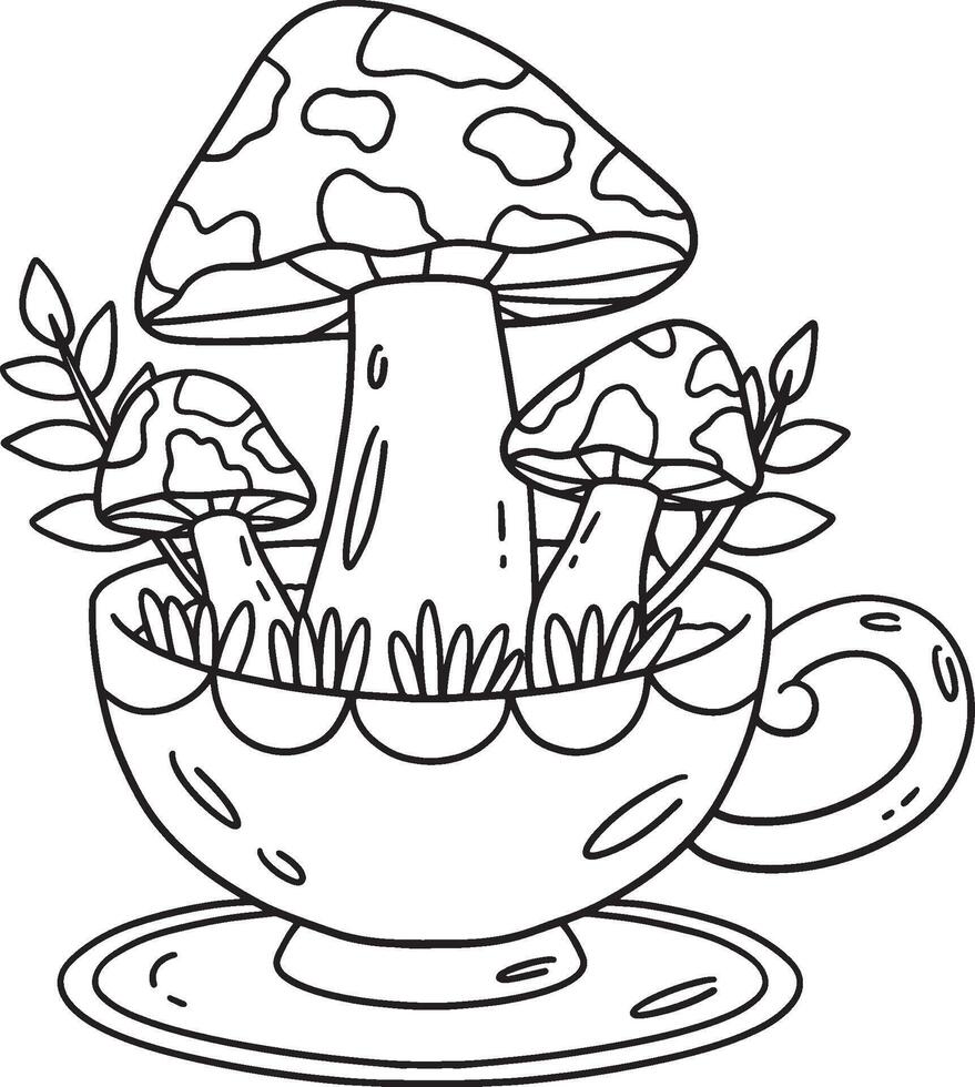Mushrooms Sprouting from Teacup Isolated Coloring vector