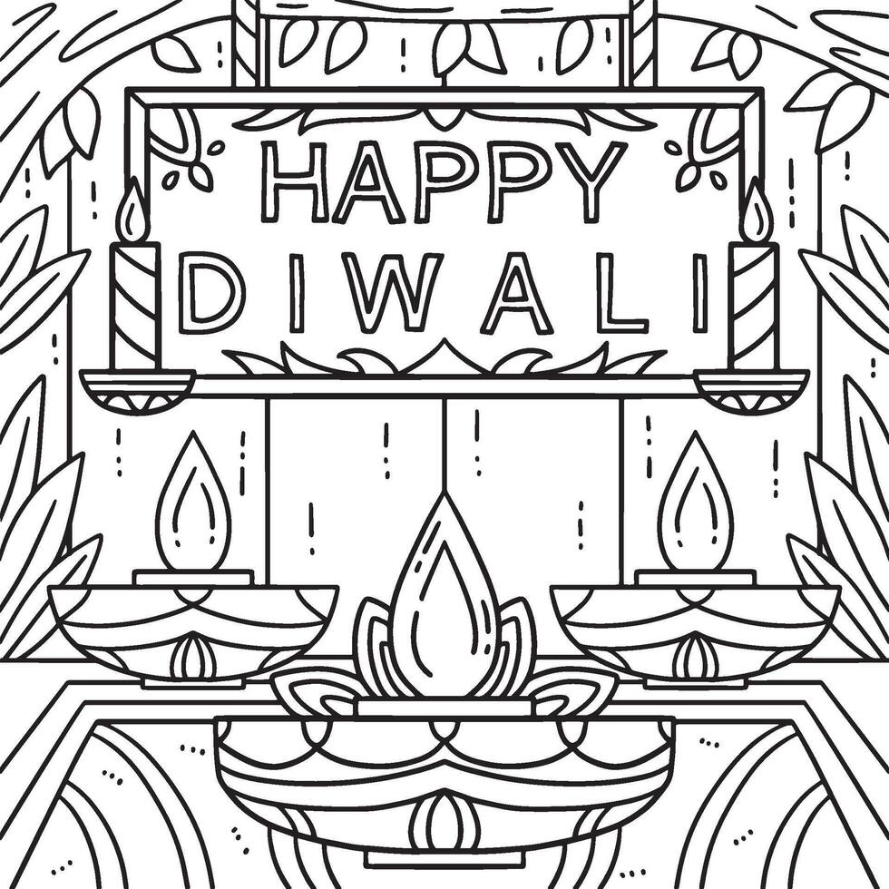 Happy Diwali on Top of Candle Coloring Page vector