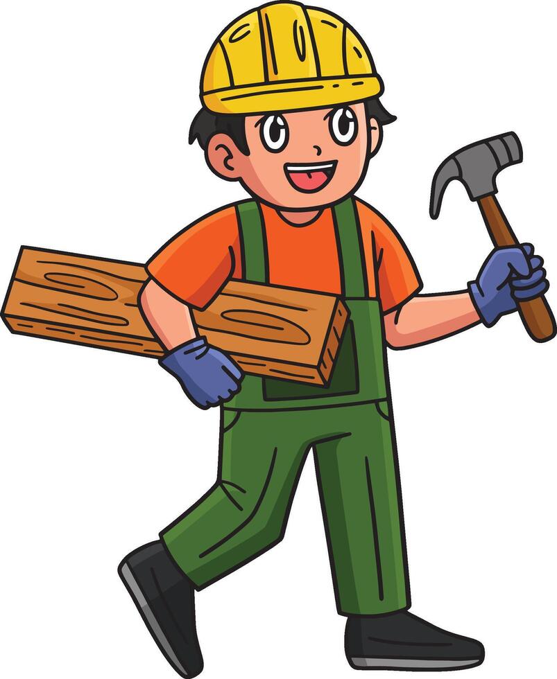 construcción trabajador con madera y martillo clipart vector