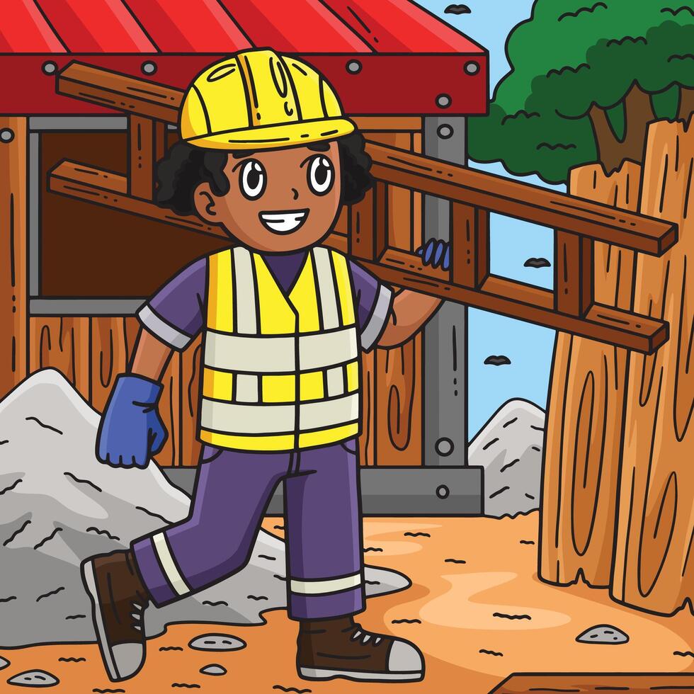 Construction Worker with a Ladder Colored Cartoon vector