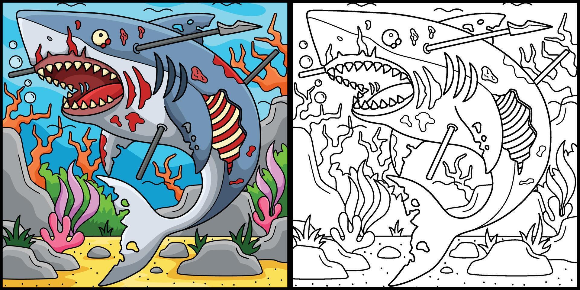 Zombie Shark Coloring Page Colored Illustration vector