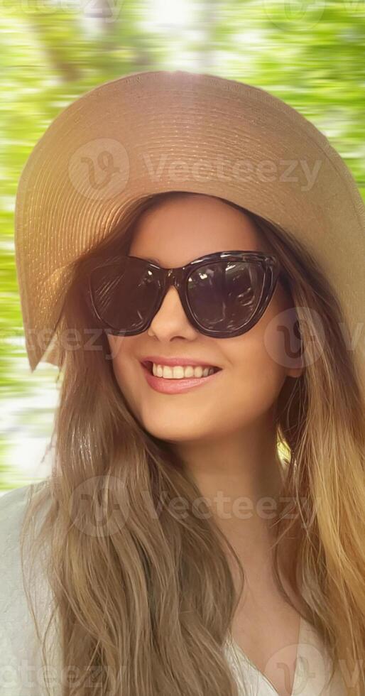 Beauty, summer holiday and fashion, face portrait of happy woman wearing hat and sunglasses, for skincare cosmetics, sunscreen spf lifestyle look photo