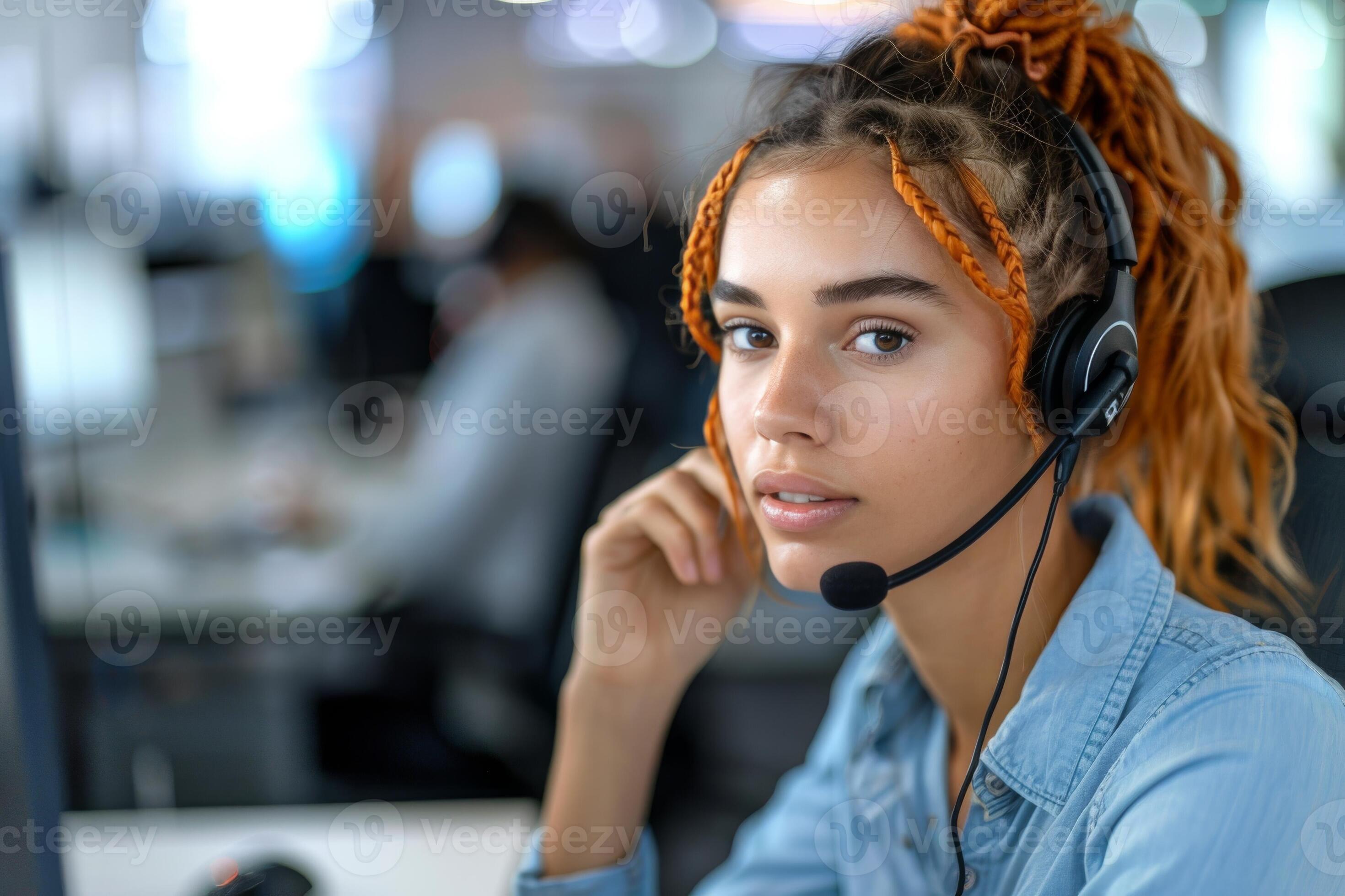 Customer Service Representative Working in a Busy Call Center During