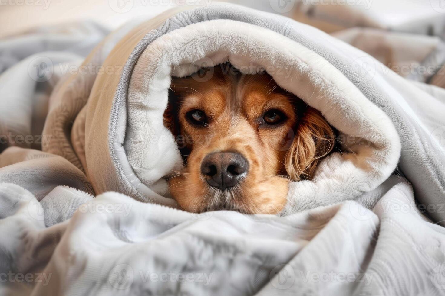 Cozy english cocker spaniel snuggled in a soft blanket indoors, a moment of serenity photo
