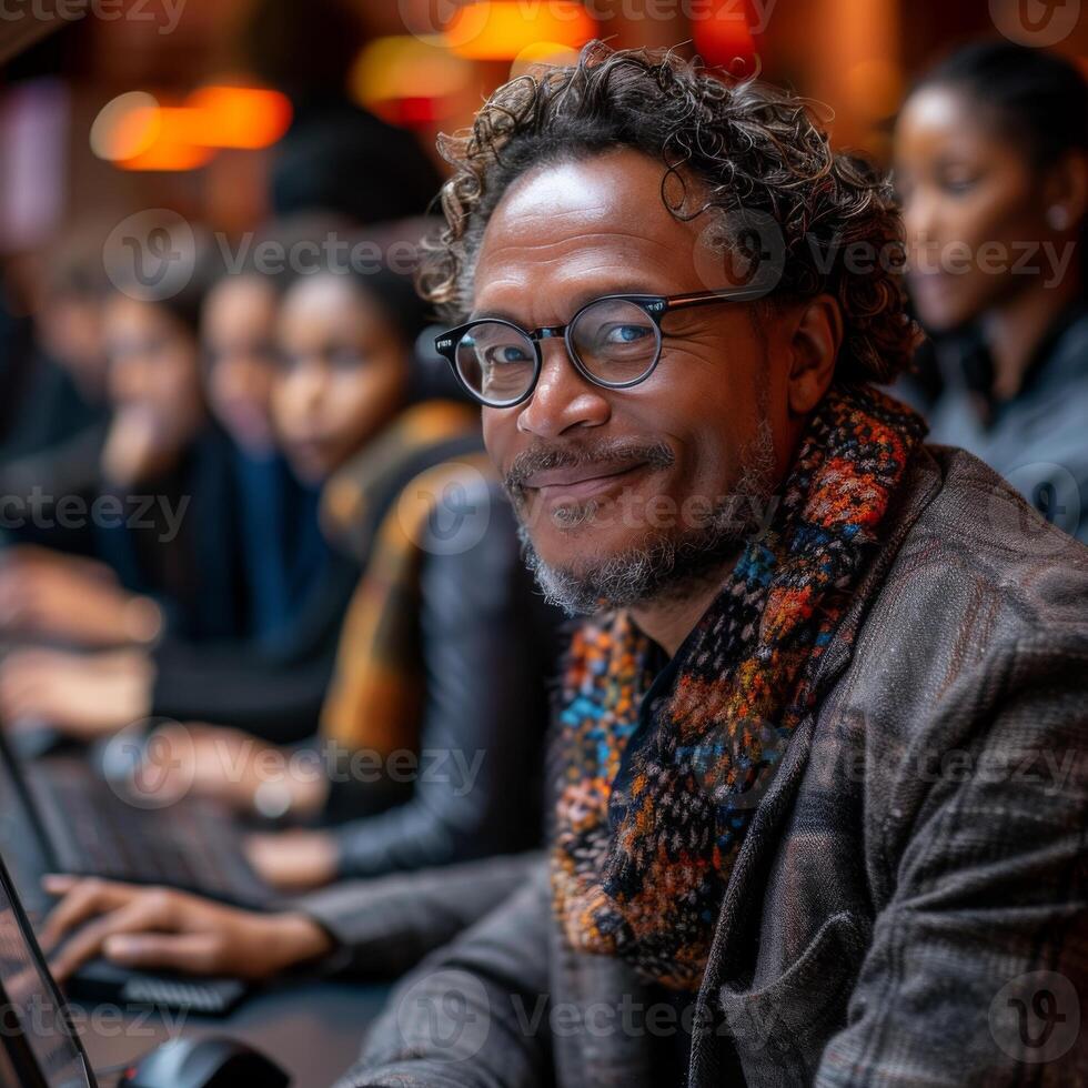 Engaging educator inspires learning in a diverse classroom environment photo