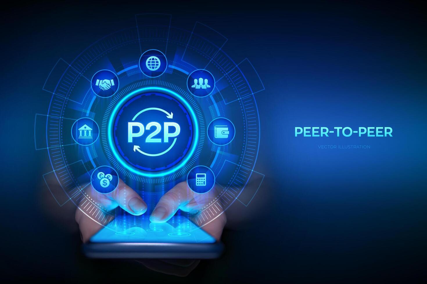 Peer to peer. P2P payment and online model for support or transfer money. Peer-To-Peer technology concept on virtual screen. Smartphone in hands. Using smartphone. illustration. vector